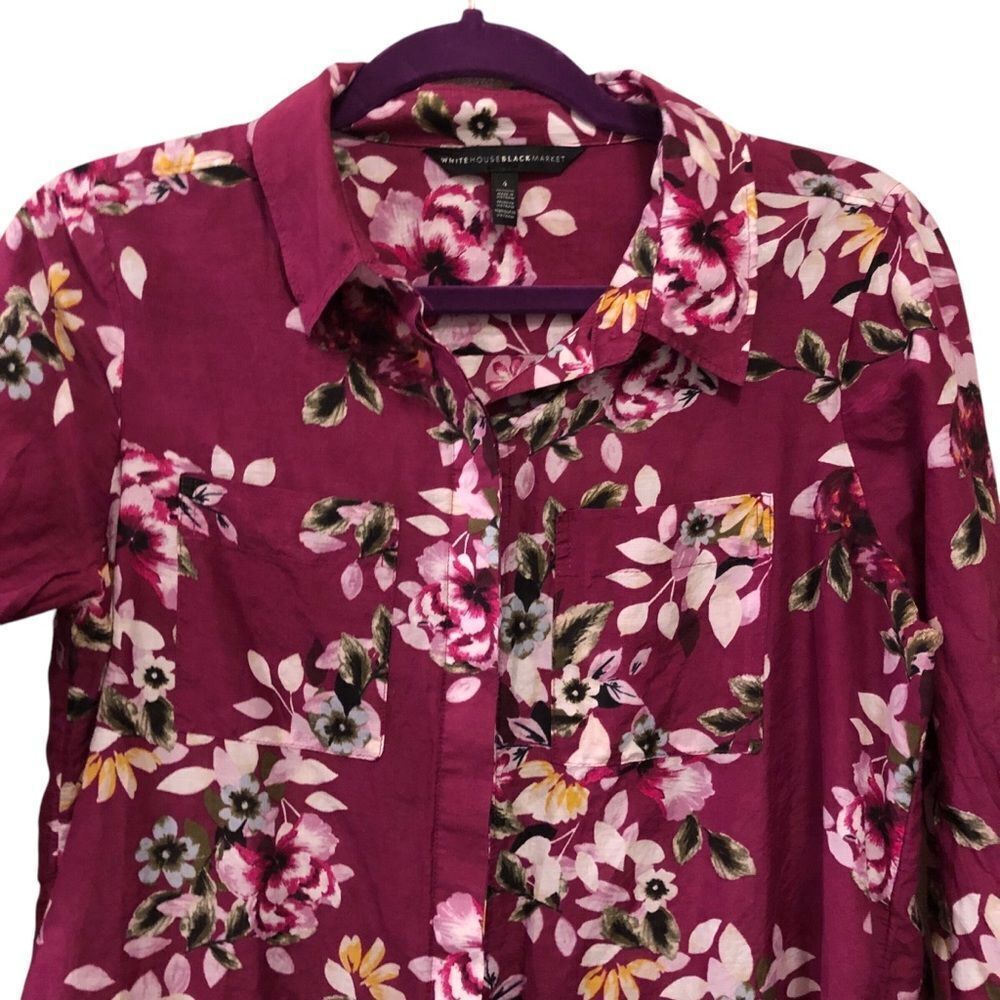 White House Black Market Women’s Too Sz 4 Pink Floral Long Sleeve Button Down - Picture 2 of 6